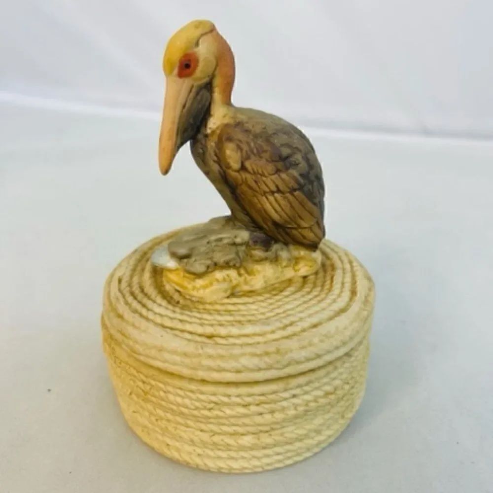 Vintage Porcelain Ceramic Nautical Trinket Box Pelican Sea Ocean Beach Bird 5"